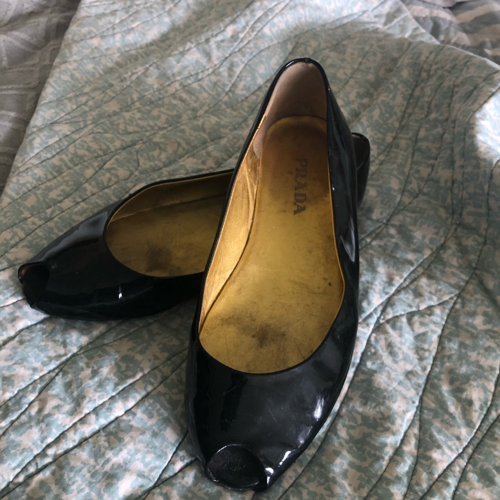Prada Peep Toe All Leather Black Flats